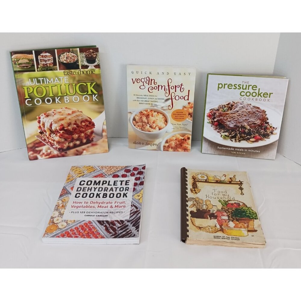 Lot of 5 Cookbooks Potluck, Vegan Pressure Cooker, Dehydrator & Church Cookbook